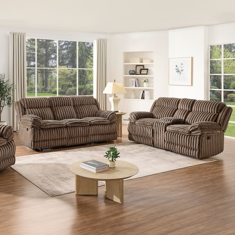 Roundhill Furniture Ardello 2-Piece Reclining Sofa Set, Corduroy Upholstery with Built-In Power Center, Chocolate