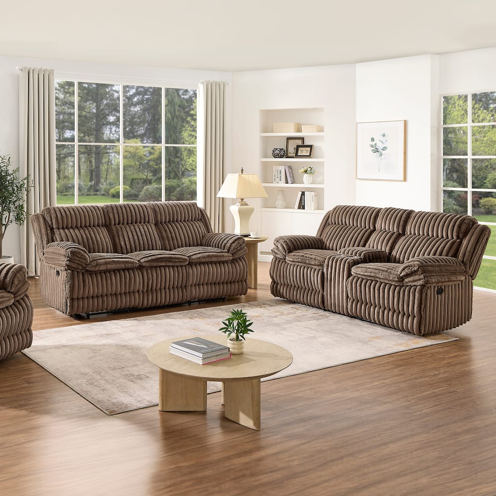 Roundhill Furniture Ardello 2-Piece Reclining Sofa Set, Corduroy Upholstery with Built-In Power Center, Chocolate