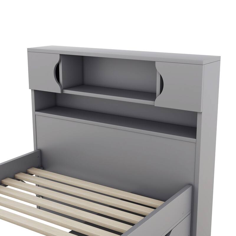 Twin Size Platform Bed with Storage, Bookcase Headboard, Four Drawers, Gray