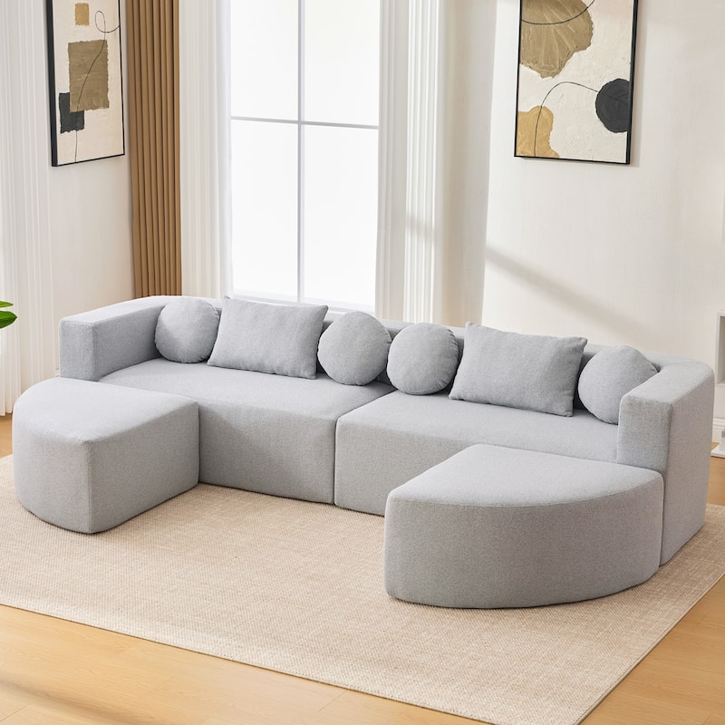 Curved Modular Sectional Boneless Upholstered Sofa Convertible Sleeper Sofa Bed, Free Combination, Boucle Deep Seating Sofa