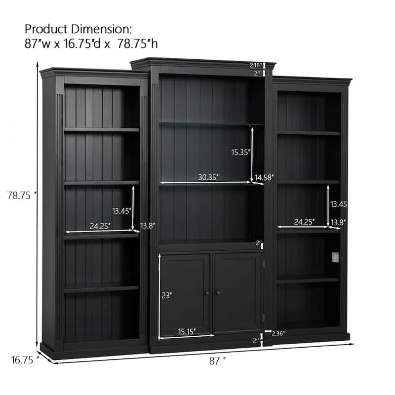 78.75" Tall 3-Piece Bookcase with Adjustable LED Light, Tempered Glass Shelves for Living & Office