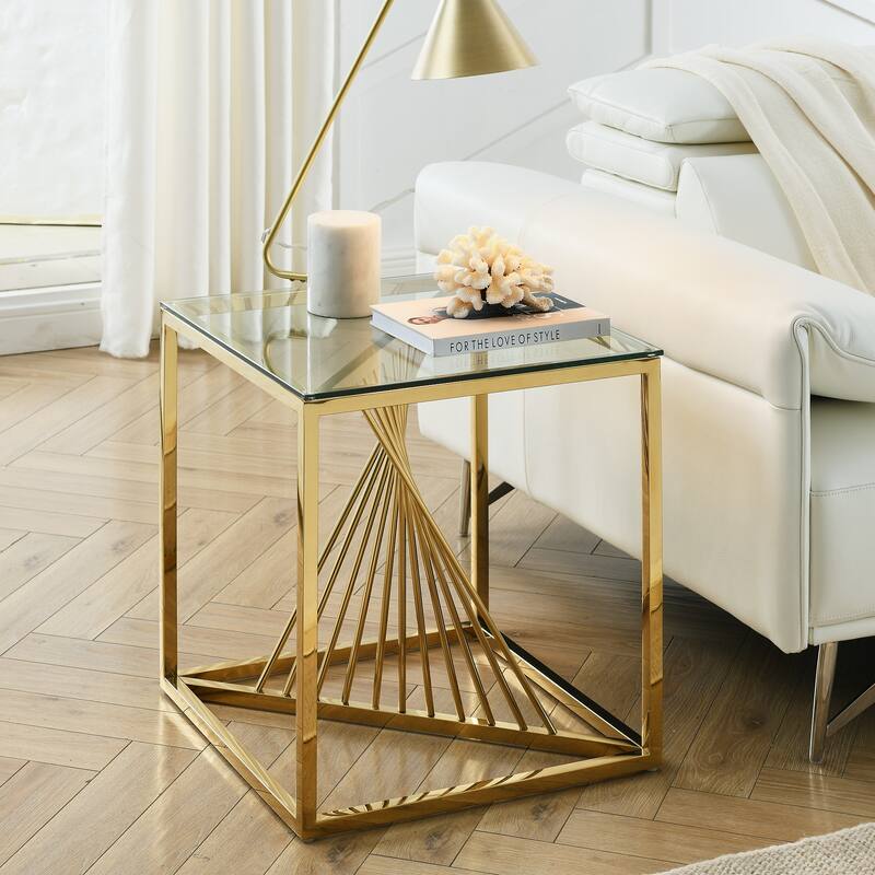 20 Inch Modern Glass Corner End Table with Geometric Metal Frame, Accent Table Nightstand Furniture