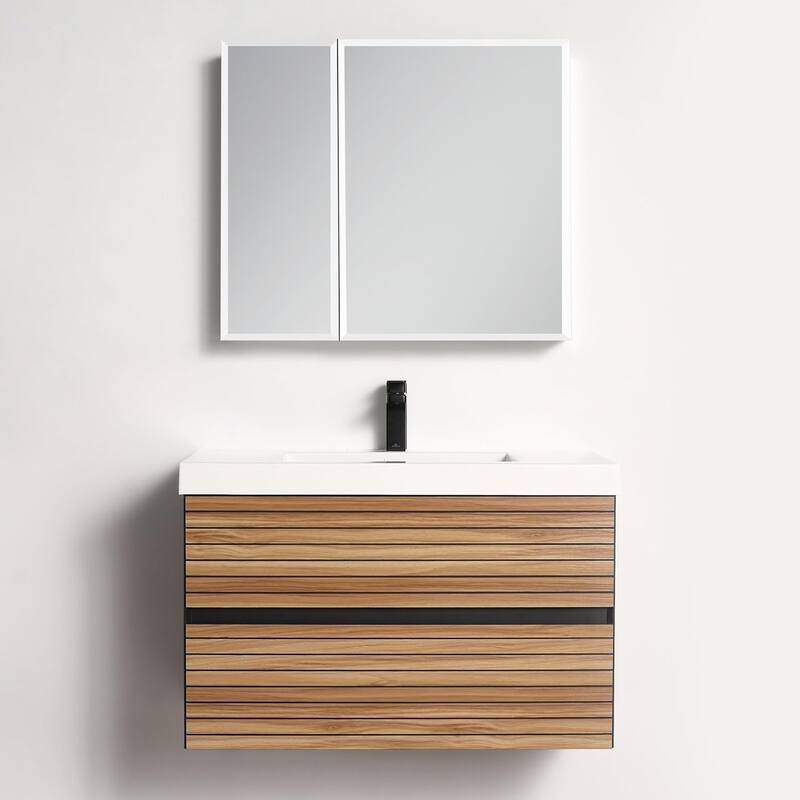 Blossom 36" Floating Bathroom Vanity with Acrylic Sink, Modern Design - Maple Finish - Maple Strip