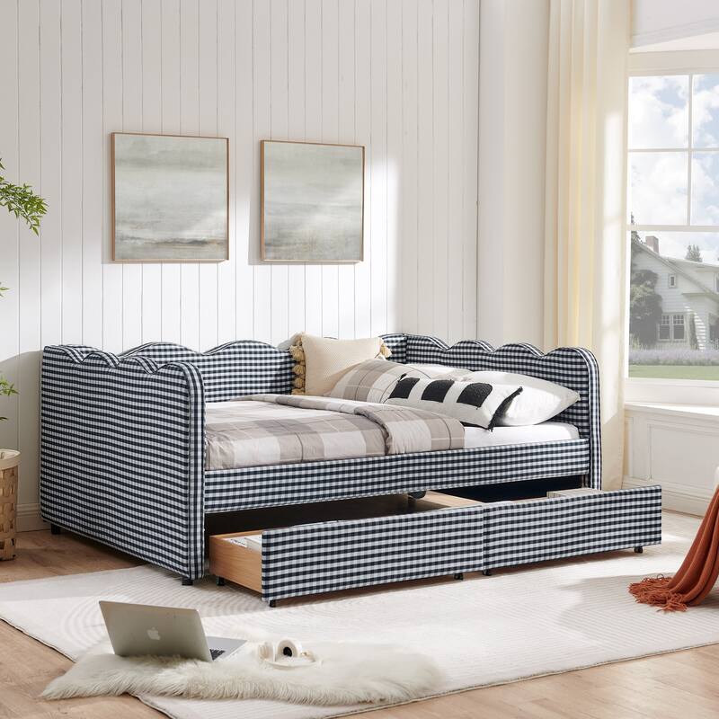 Full Size Upholstery Daybed with 2 Storage Drawers and USB Port, Linen Fabric Sofa Bed with Plaid Pattern and Wavy Silhouette