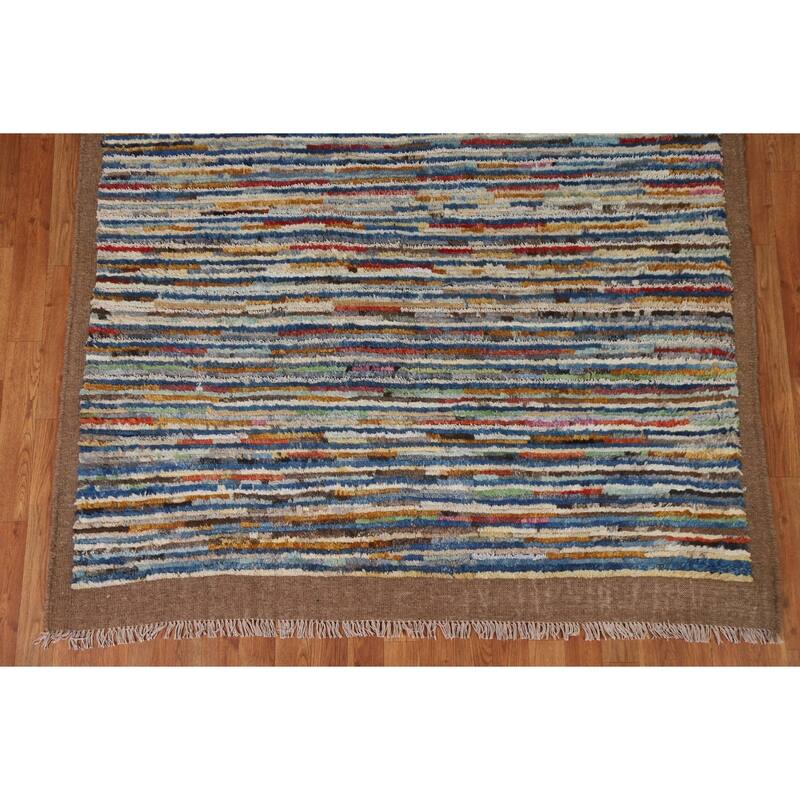 Hand Knotted Oriental 100% Wool Carpet Modern Stripe Multi-Colored Moroccan Area Rug - 7' 8'' X 5' 5''