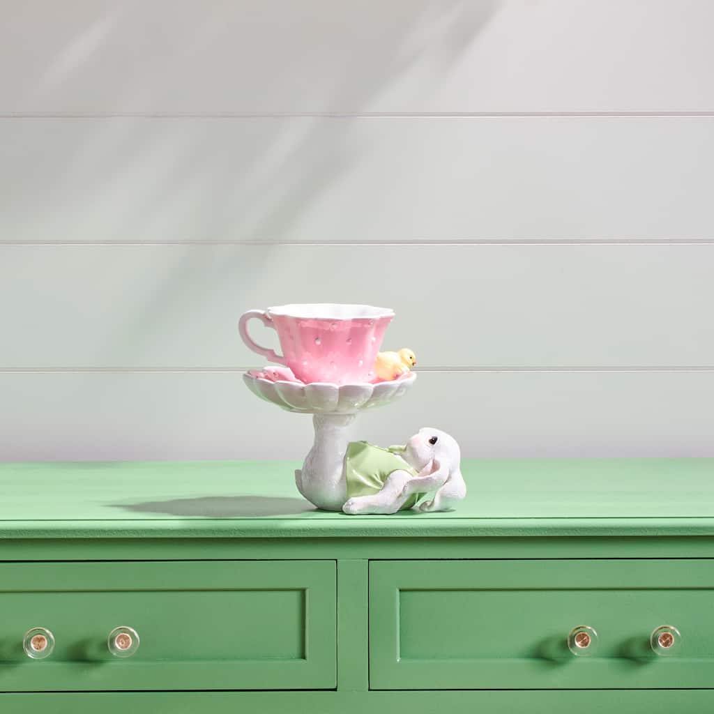 6.5" Resin Bunny With Teacup