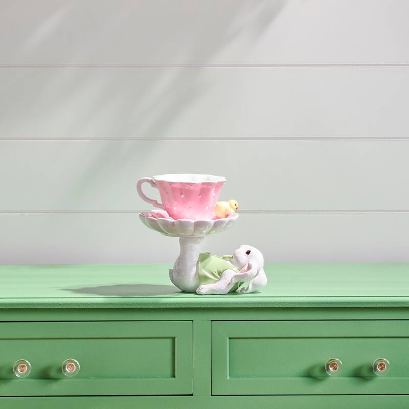 6.5" Resin Bunny With Teacup