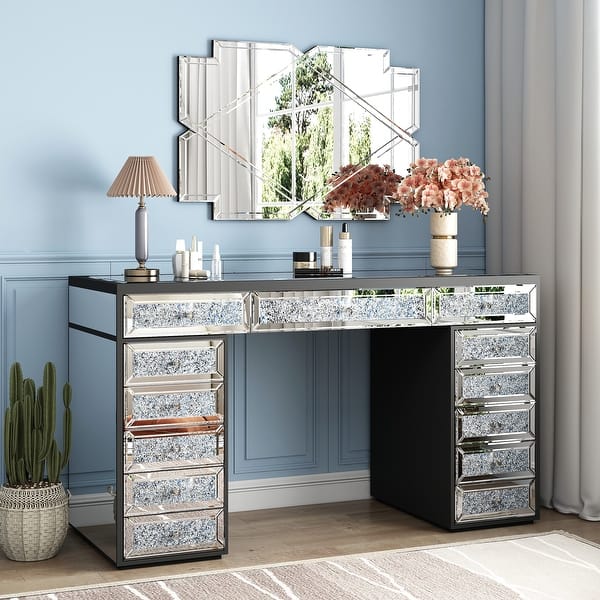 grey dressing table mirrors Mirrored Finish Vanity Desk Dresser with 13-Drawer - Bed Bath & Beyond dark grey dressing table