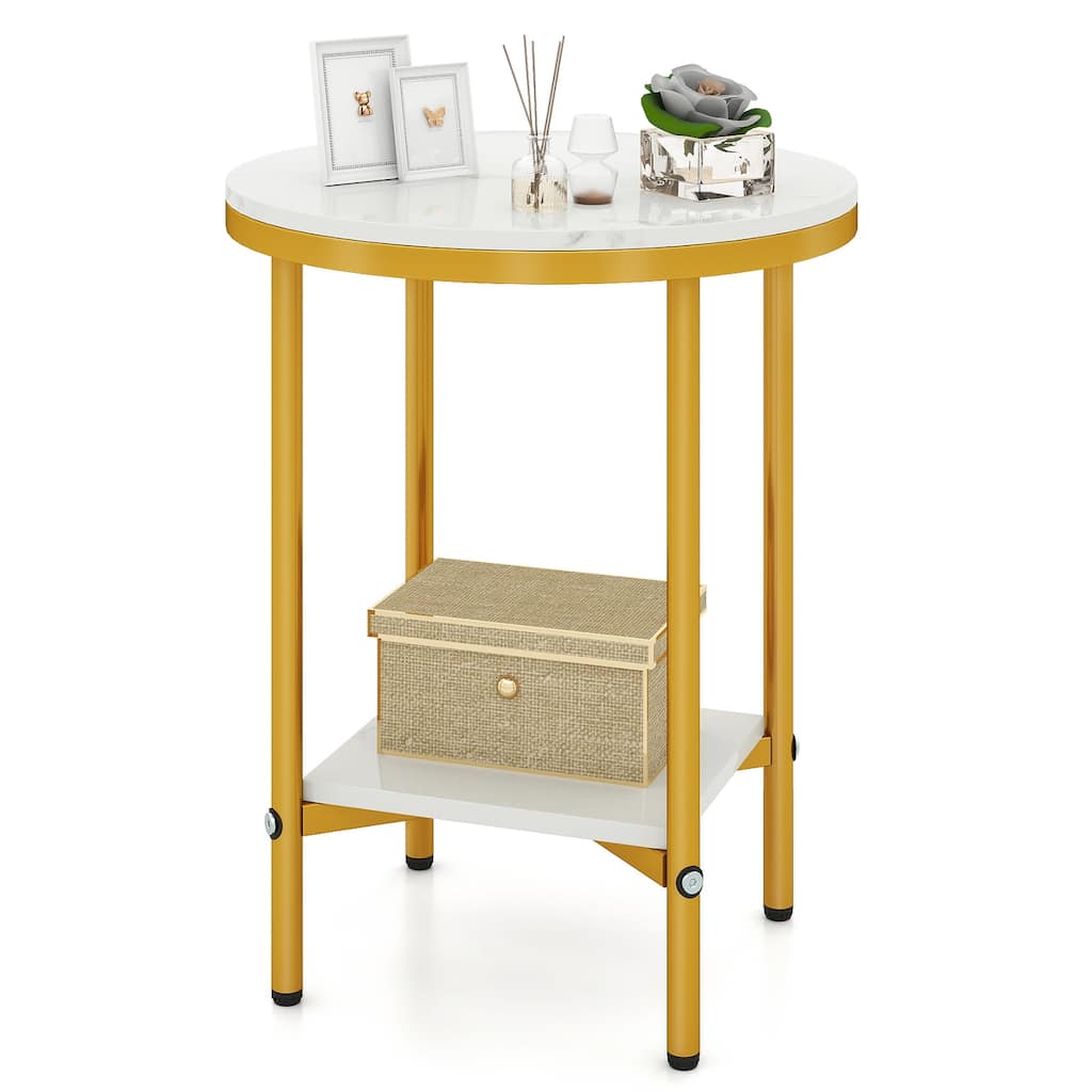 Gymax 16'' 2-Tier Round Side Table w/Storage Shelf Gold Metal Frame