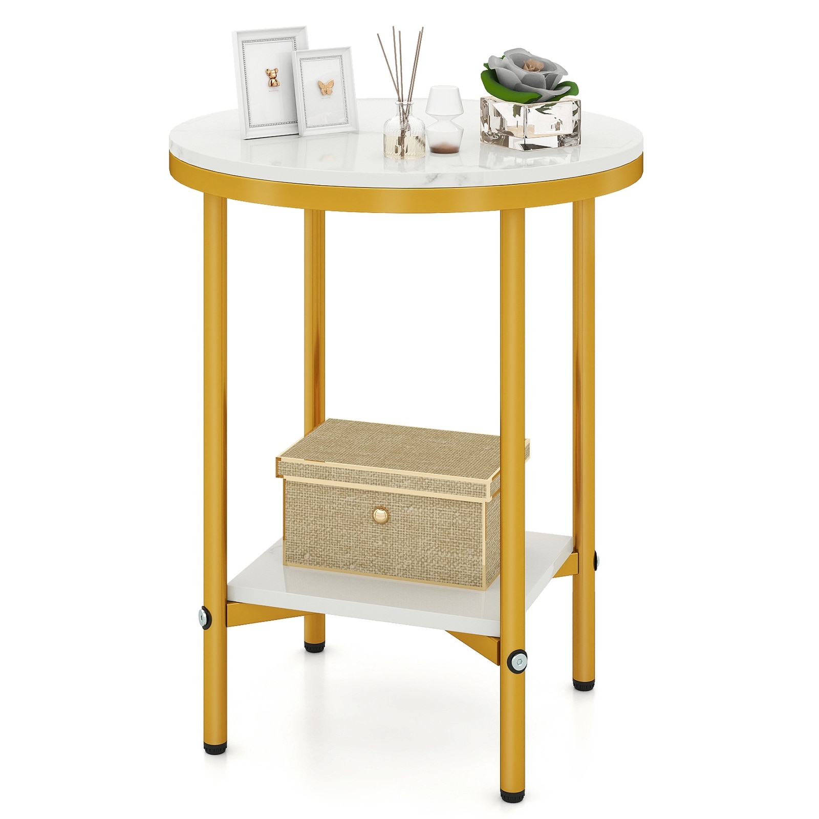 Gymax 16'' 2-Tier Round Side Table w/Storage Shelf Gold Metal Frame