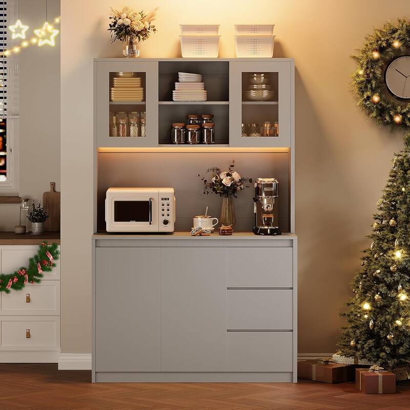 71" Tall Pantry Cabinet with Charging Station and Led Lights, Kitchen Hutch with Microwave Stand for Dining Room, Living Room - Gray