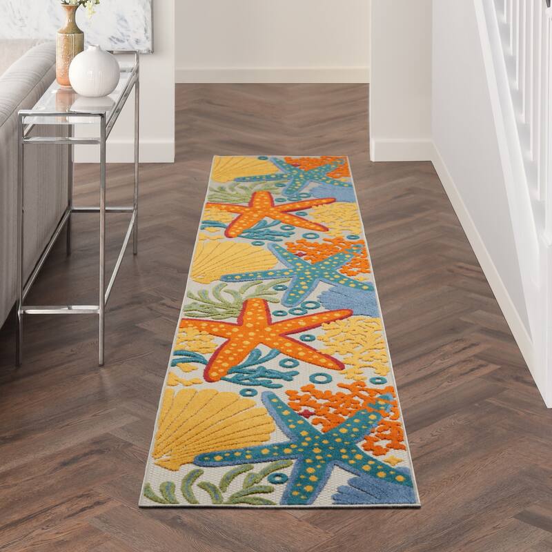 Nourison Aloha Coastal Starfish Indoor/Outdoor Area Rug - 2'3" x 12' Runner - Blue/Orange/Yellow