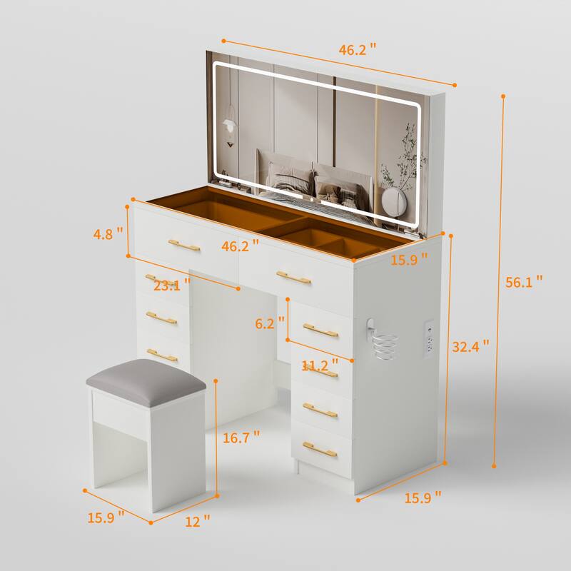 46" Glass Top Vanity Desk with Lighted Mirror, 10 Drawers, Power Outlet, USB Port & Stool, White Makeup Table for Bedroom