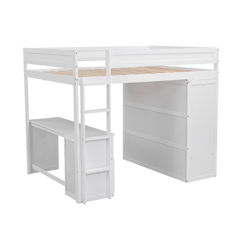 Full Size Loft Bed with Sliding Doors Wardrobe with All-in-One Drawers Desk, Wood Loft Bed with Ladder and Guardrail - White