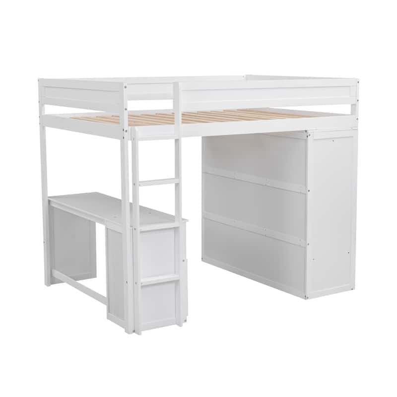 Wood Full Size Loft Bed with Wardrobes and 2-Drawer Desk w/Cabinet