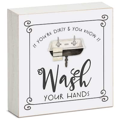 Wood Block Décor Message Wash Hands Sign, 3.75 inches Square, Made in The USA - Multi-59