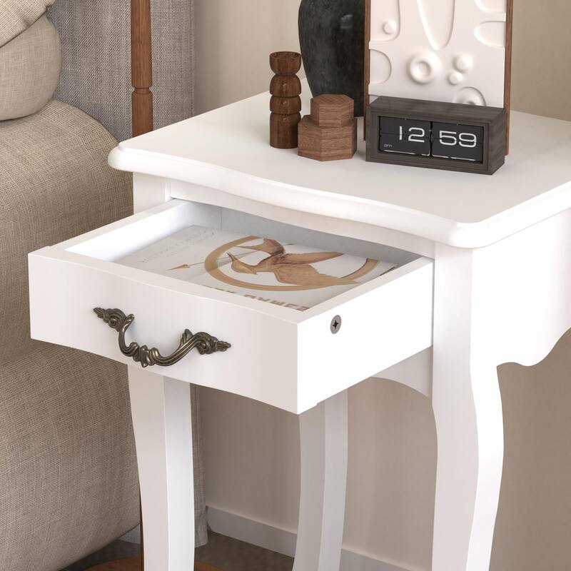 White Living Room Floor-standing Storage Table with a Drawer, 4 Curved Legs