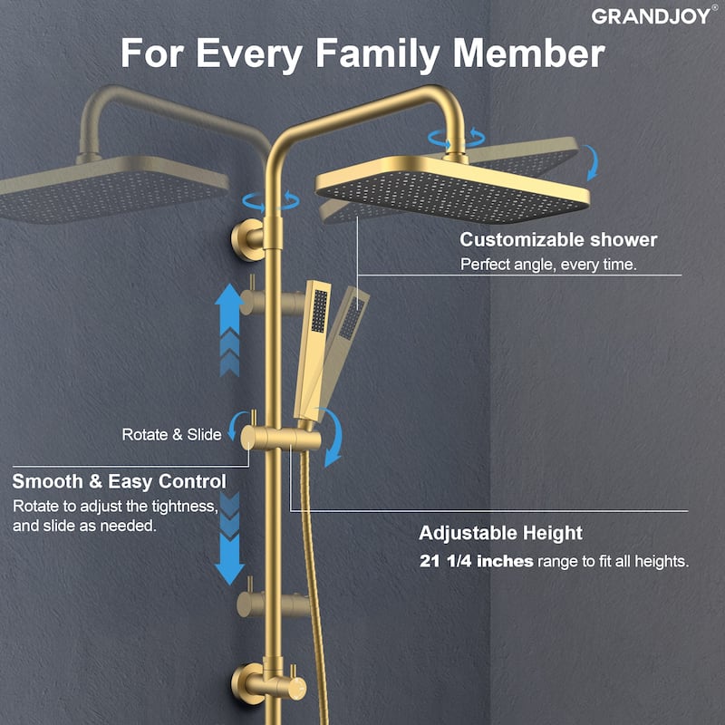GRANDJOY 12" Rainfall Shower Head 3-Function Shower System with Adjustable Handheld Spray