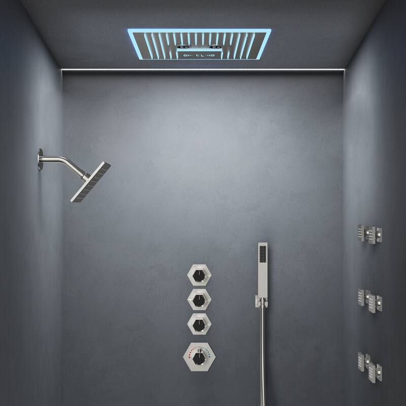 GRANDJOY LED Music Shower System 16" & 6" Dual Shower Heads with 6 Body Jets - Brushed Nickel