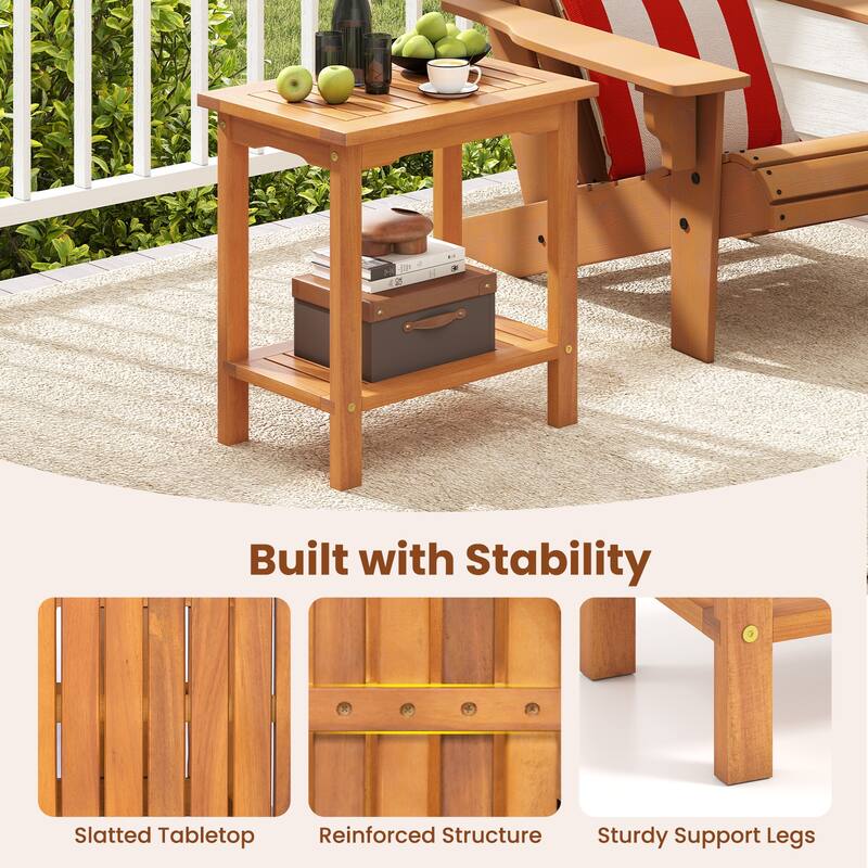 Gymax Outdoor Acacia Wood Side Table 2-Tier Patio End Table w/ Slatted