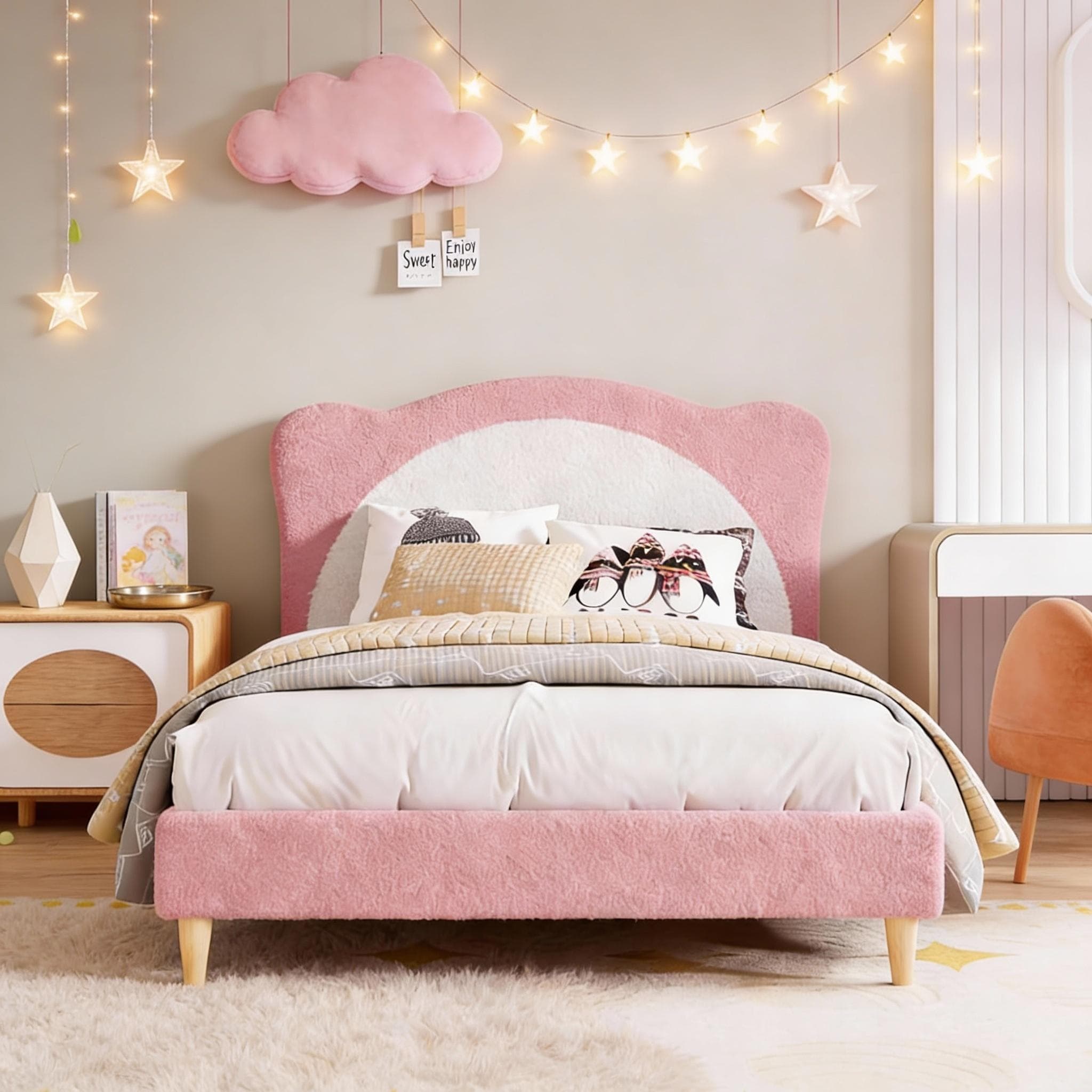 Upholstered Bed Frame, with Panda-Shaped Headboard