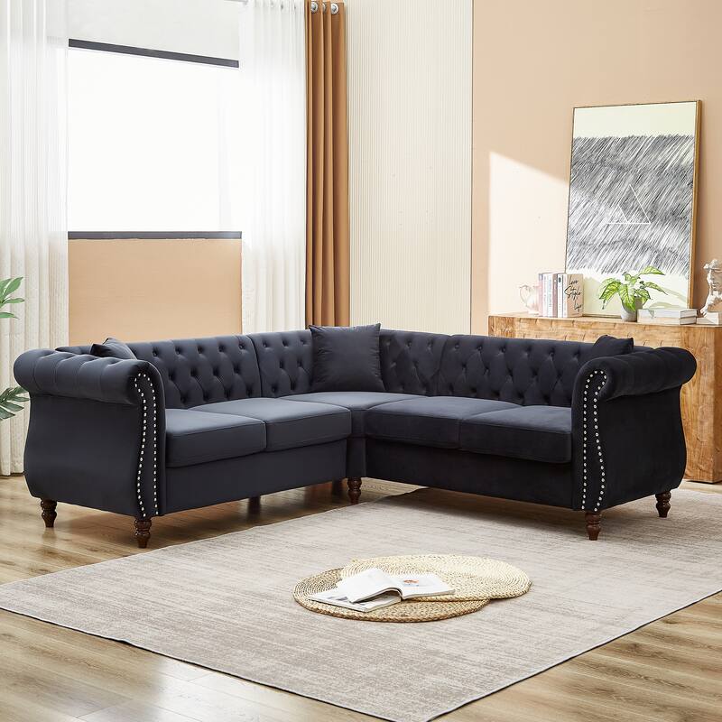 L-shape Corner Sectional Sofa with Button Tufted Back and 3 Pillows - Black