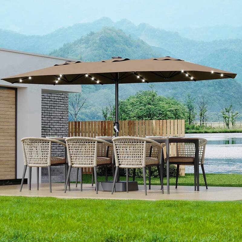 15FT Double-Sided Patio Umbrella with with LED and Base Included for Pool Lawn Garden - Tan