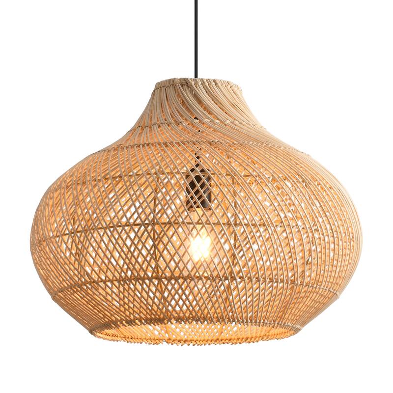 14" Coastal Natural Rattan Lantern Pendant Light Chandelier