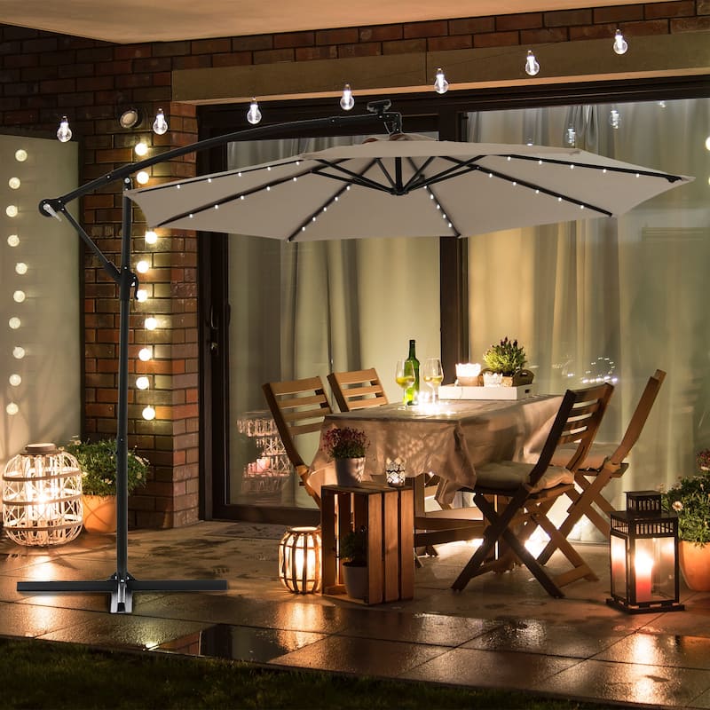 HOMEFUN 10ft Solar LED Offset Hanging Market Patio Umbrella
