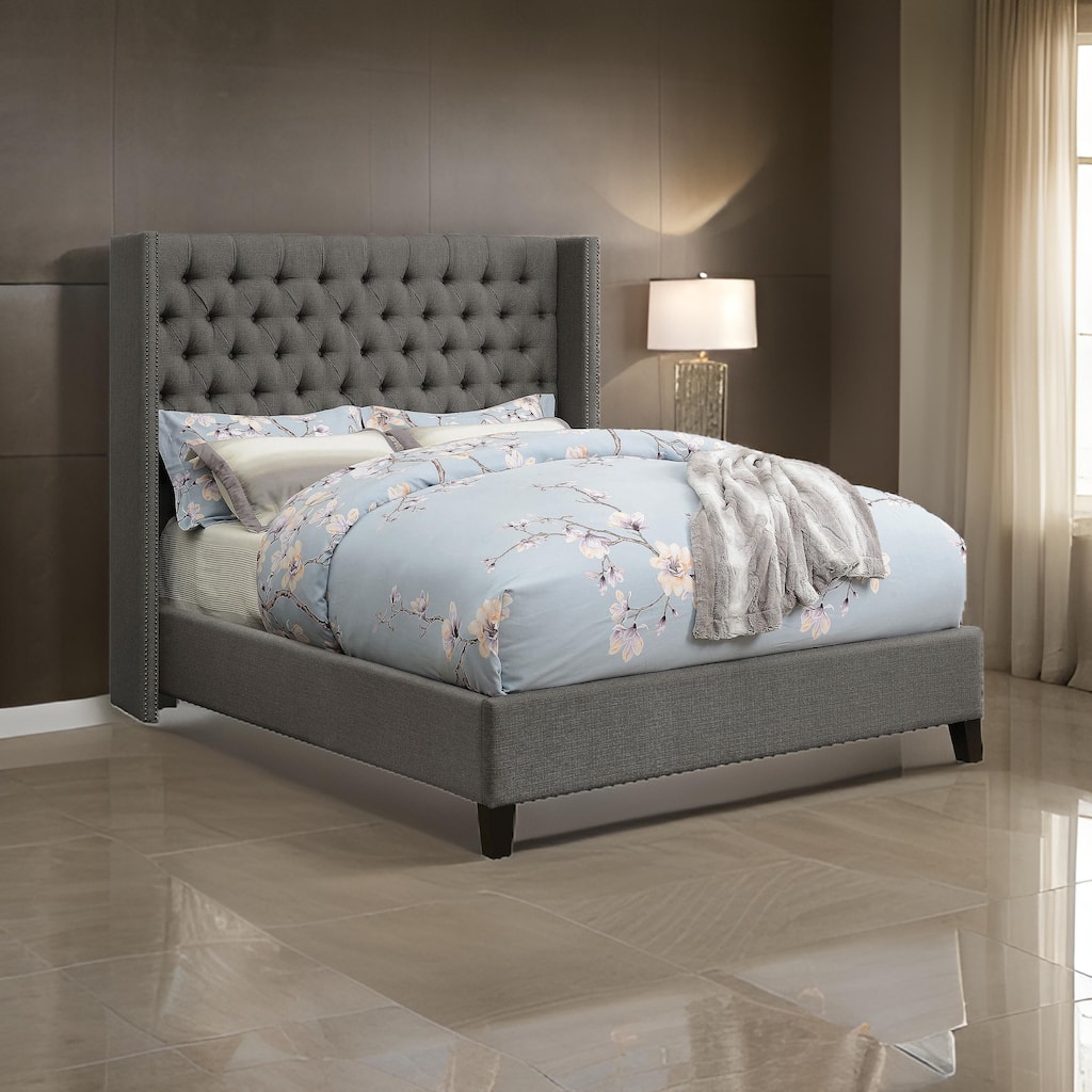 Diya King Size Platform Bed, Button Tufted Upholstery, Nailhead Trim, Gray