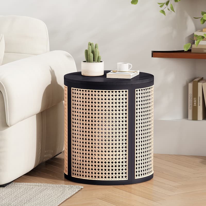 15.70" Round End Table, Hollow Woven Side Table, Small Rubber Wood Nightstand, Rattan Woven Tea Desk