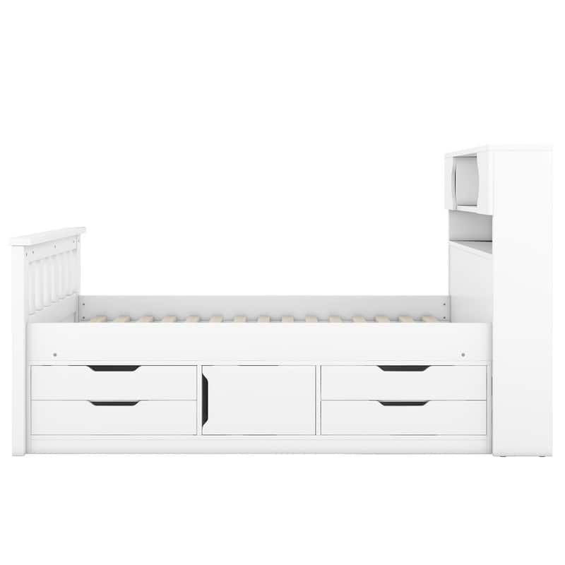 Twin Size Captain Bed with Bookcase Headboard, Solid Wood Platform Bed