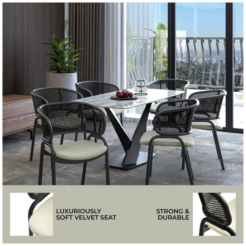 Ervilla Modern Upholstered Accent Side Chair with Wicker Back and Black Iron Legs for Dining Room & Kitchen, Set of 4