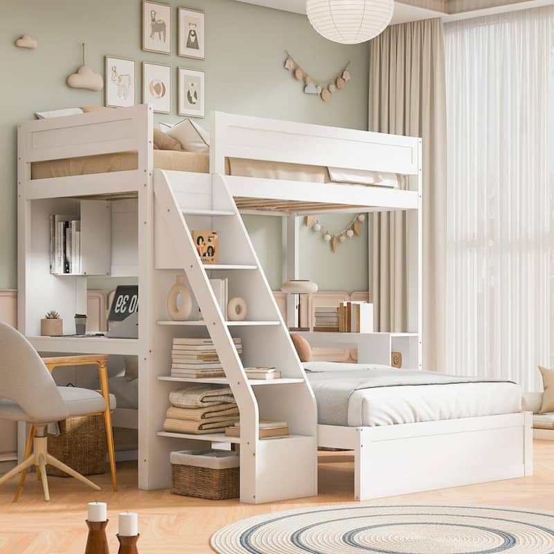 Twin XL Over Full Bunk Bed with Integrated Desk, USB Charging Station & Storage Staircase by Harper&Bright Designs - White