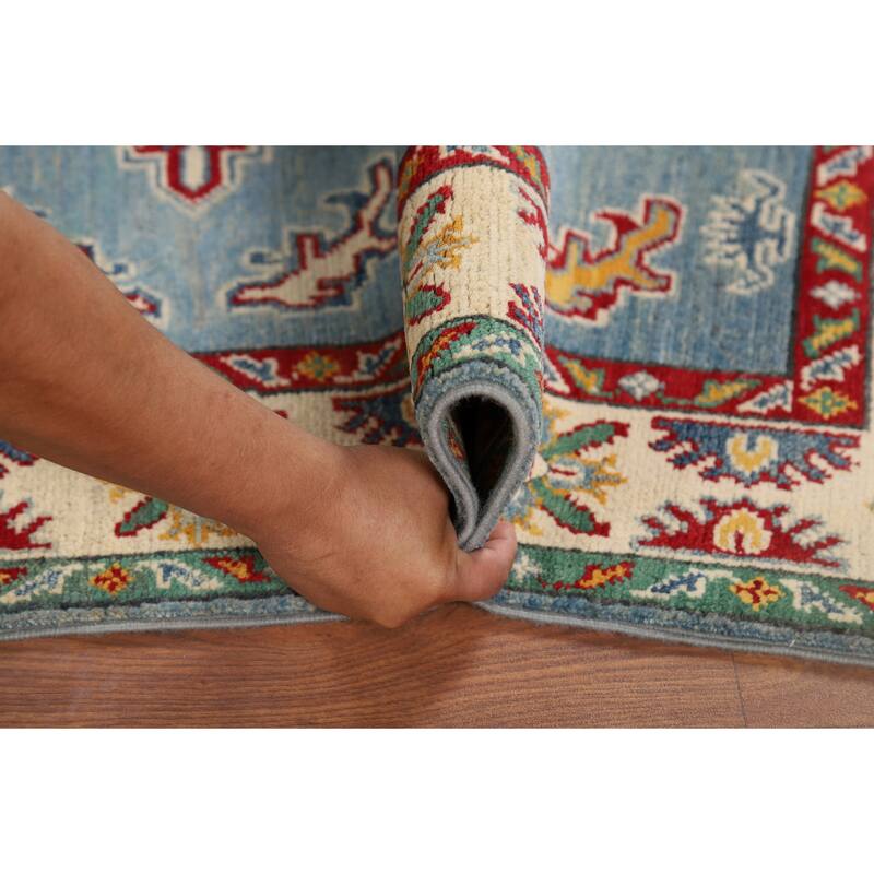 Light Blue Medallion Kazak Oriental Rug Hand-Knotted Wool Carpet - 3'5" x 4'10"