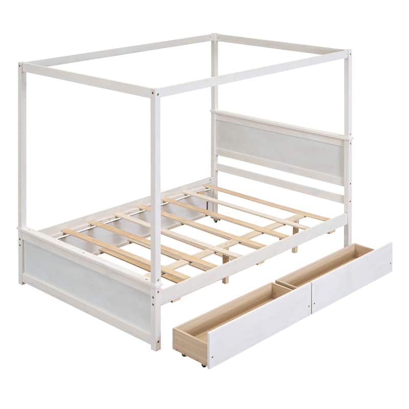 Full Size Canopy Bed with Trundle Wood Platform Bed Frame and 2 Drawers Upholstered Bed, Storage Bed with Support Slats