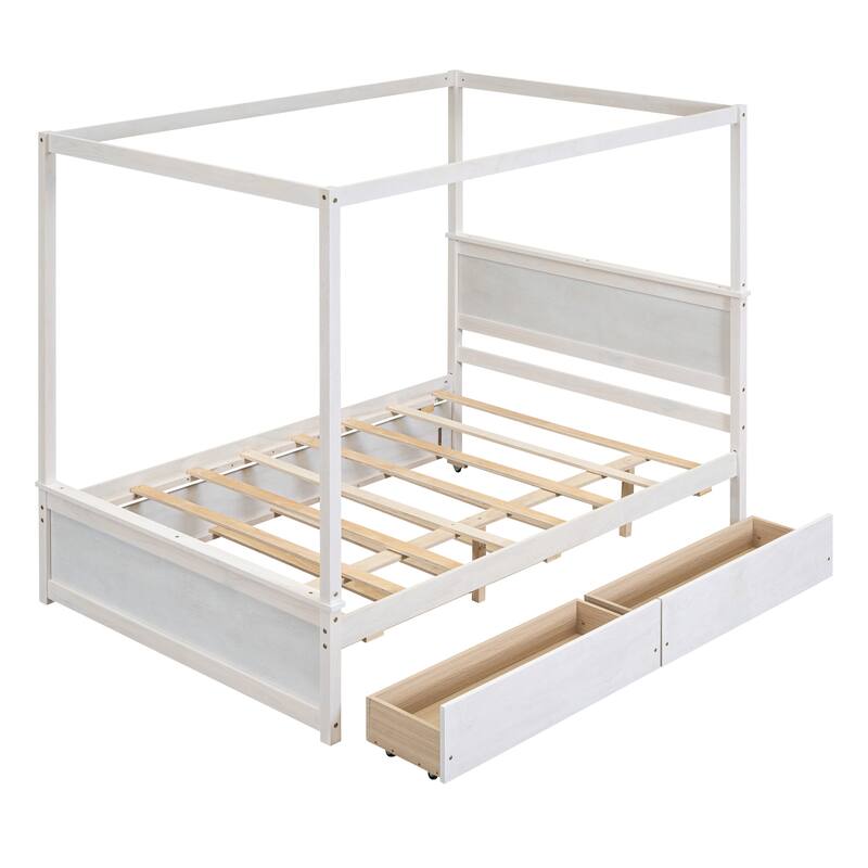White Brushed Full Canopy Bed with Trundle, Storage Drawers, and Support Slats