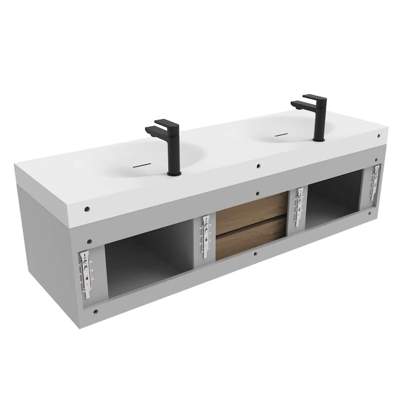 Thames 60" Shallow Basin Wall Mounted Bathroom Vanity Set w/ White Top