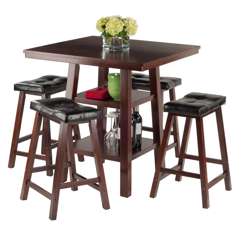 Set of 5 Rich Walnut High Table with Cushion Seat Stools 36"