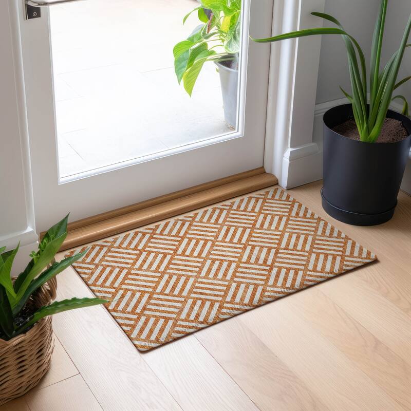 Machine Washable Indoor/ Outdoor Chantille Geo Modern Rug - Orange - 1'8" x 2'6"