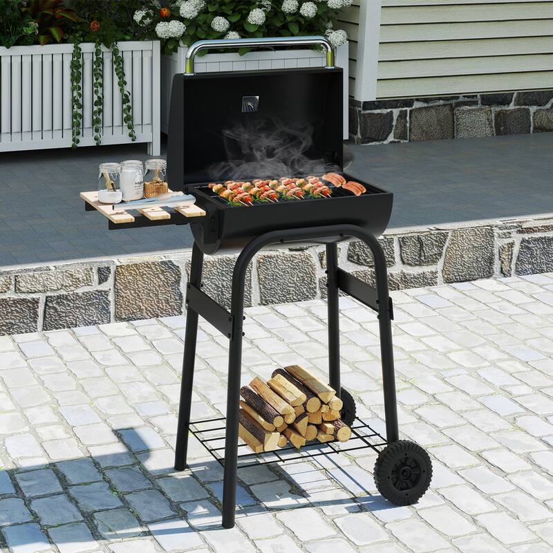 Gymax Barrel Charcoal Grill w/Foldable Side Table Built-in Thermometer