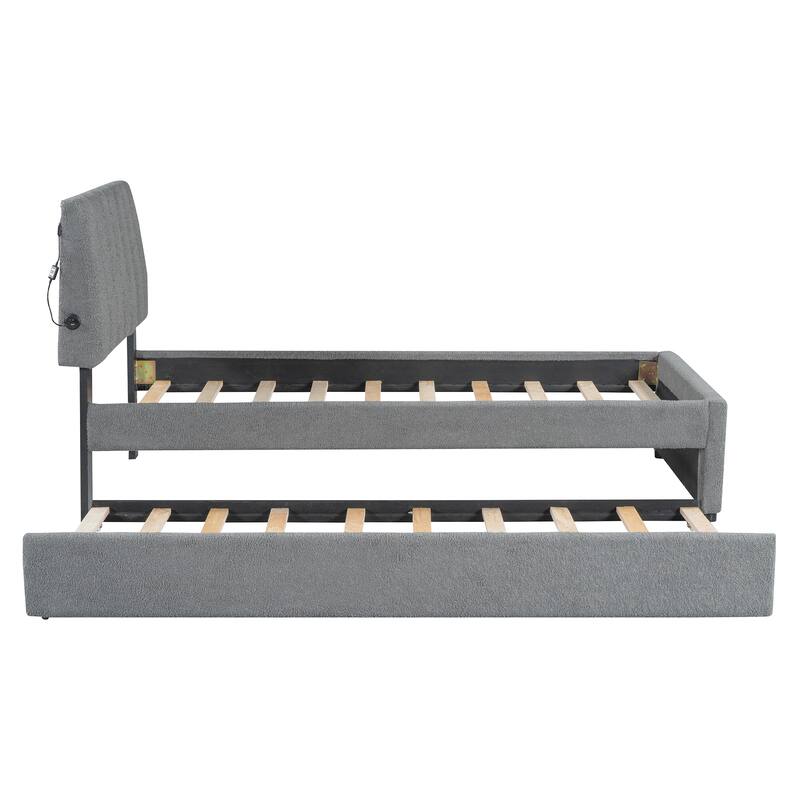 Twin Size Teddy Fleece Upholstered Platform Bed with Trundle and LED Lights, Gray