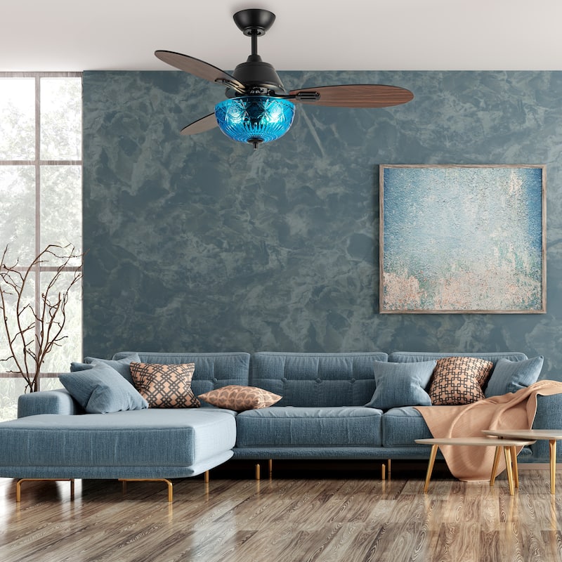 Maisie River of Goods 3-blade 42-inch Modern Indoor Ceiling Fan with Blue Hand-Cut Glass Globe Shade and Remote Control