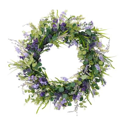 Puleo International 30" Artificial Eucalyptus Floral Spring Door Wreath, Green/Purple