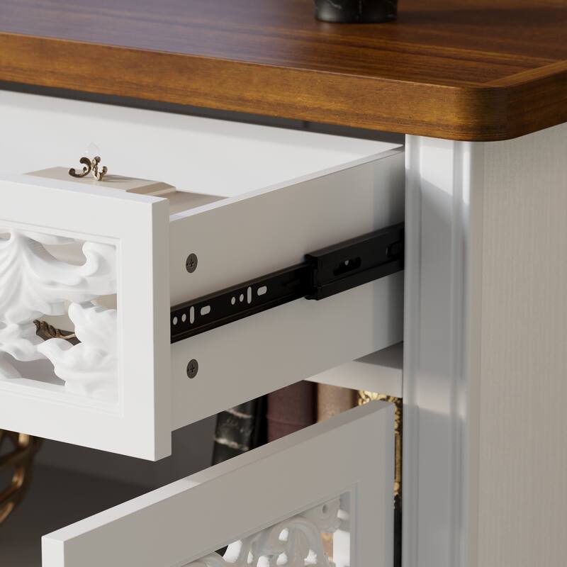 Classic White Sideboard Cabinet with Carved Doors and Rustic Metal Hardware Buffet Display Cabinet