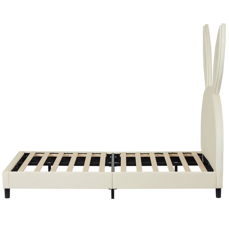 VECELO Wooden Cute Rabbit Twin Bed Frame with Upholstered Headboard, Kids Bed Frame Set of 2