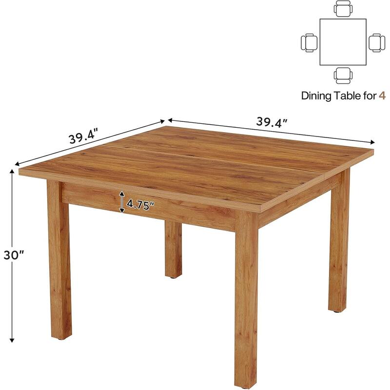 Square Oak Dining Table 39 Inch Rustic Brown Farmhouse Style for 2 to 4 People Wooden Legs - 39.4" x 39.4" x 30"