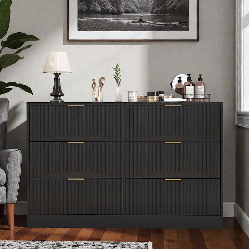 Modern 6 Drawer Dresser with Wavy Drawer Fronts, Large Chest of Drawers Storage Cabinet for Bedroom Living Room - Black