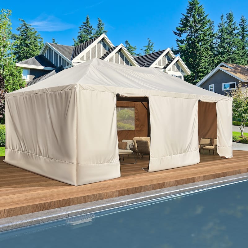 Erommy Hardtop Wood Gazebo with Double Roof – Free Dust Cover with 12x16 or 12x20 Model – Waterproof Outdoor Gazebo