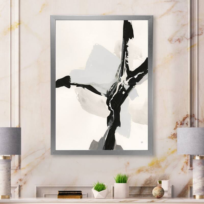 Designart "Abstract Neutral III" Mid-Century Modern Framed Art Print - Silver - 34 in. wide x 44 in. high